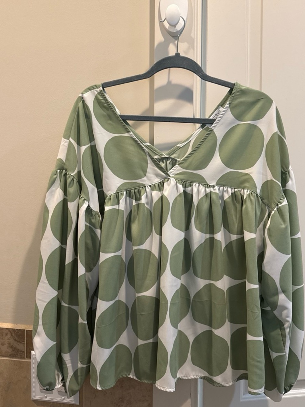 vestique Olive Green and White Dot Peasant Blouse